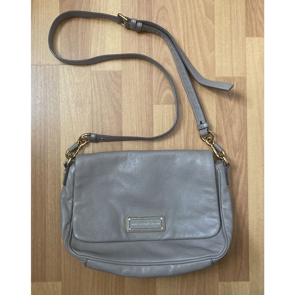 Gray Leather Crossbody Bag with Gold Hardware